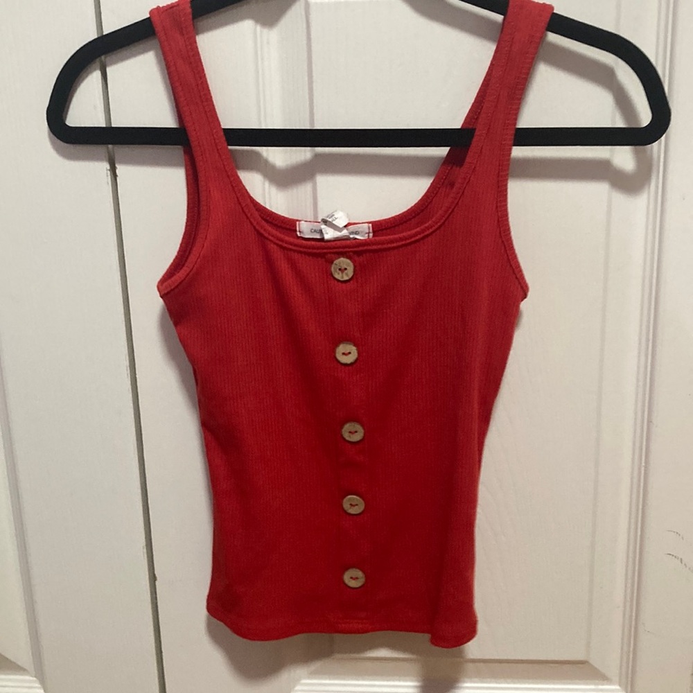 Caution To The Wind, red cami shirt, with brown “wooden” buttons, womens xs